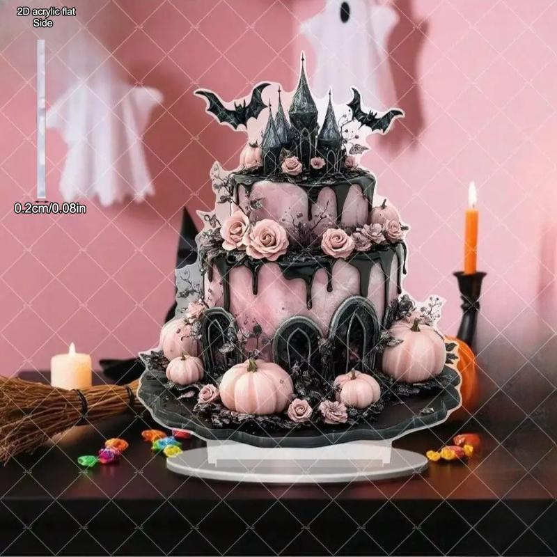1pcs Halloween Creepy Pink Cake Castle Horror Pumpkin and Bat Tabletop Decoration Ornament - 2D Flat Acrylic Desktop Ornament