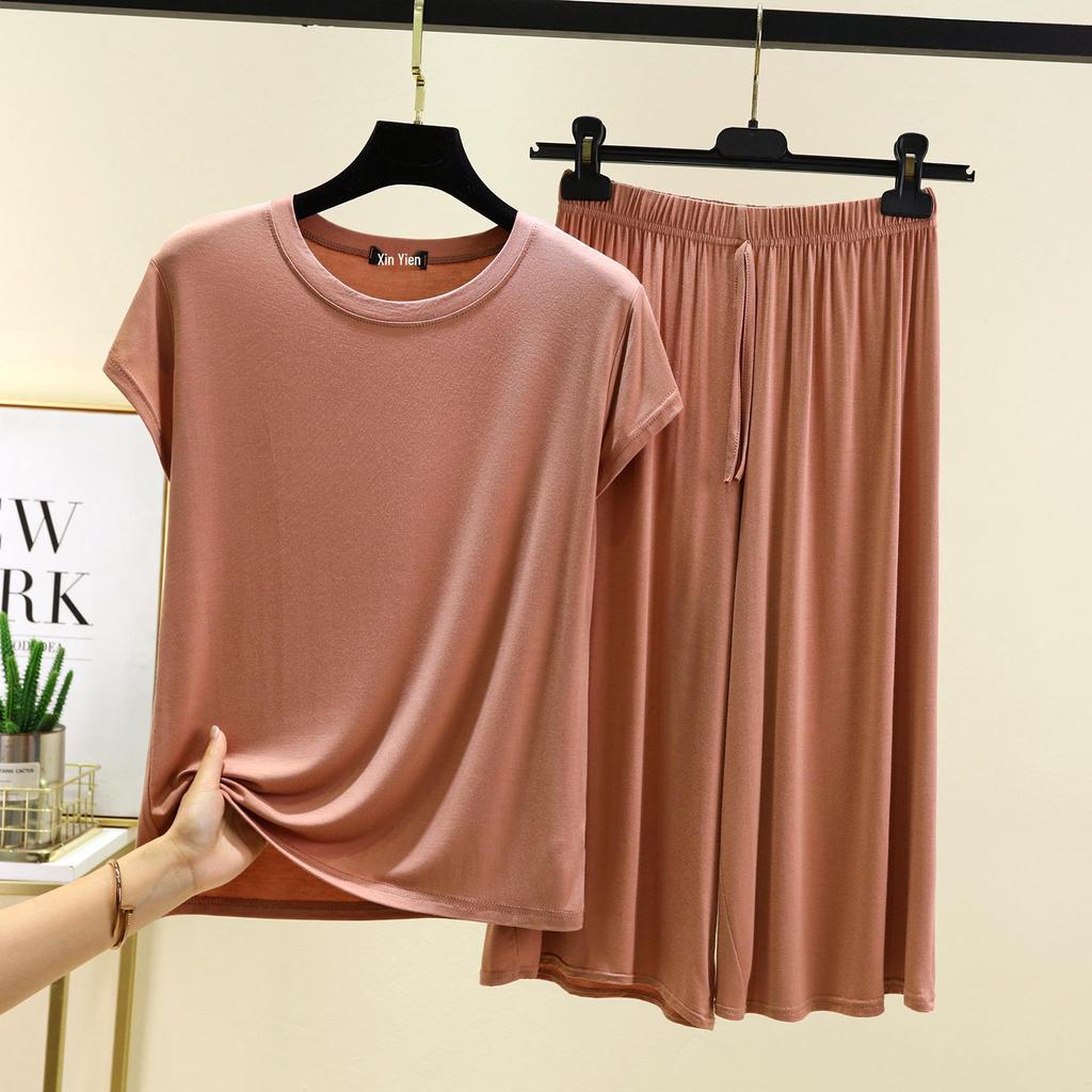 Women's Plus Size Modal Short Sleeve Casual Set - Korean Style Wide Leg Pants Two-Piece Homewear
