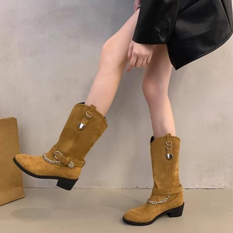 Fashion Retro Belt Buckle Middle Heel Ladies Mid Calf Shoes Comfortable and Elegant Fashion 2025 Cosplay Trend Women's Half High Boots