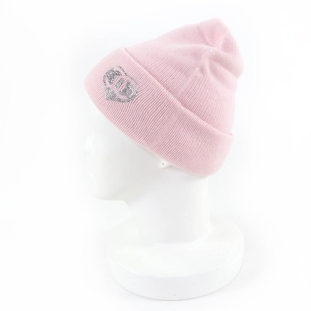 Pristine CHANEL Knit cap COCO Mark Heart Rhinestone pink cashmere Women Used
