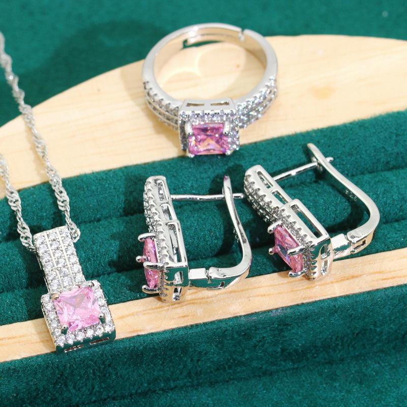 Pink Zircon Bracelet Necklace Earrings Open Ring Lady Jewelry Set