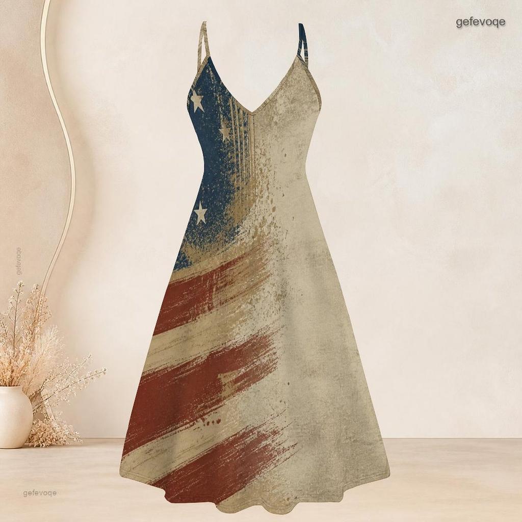 Women Plus Size American Flag Printed Two Piece Set V Neck Strappy Flared Dress Short Sleeve Cardigan