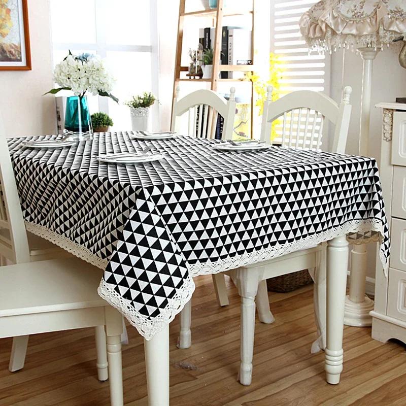 Nordic Style Christmas Plaid Tablecloth Soft Cotton Linen Map with Lace Hem Modern Rectangular and Round Cover for Dining Table