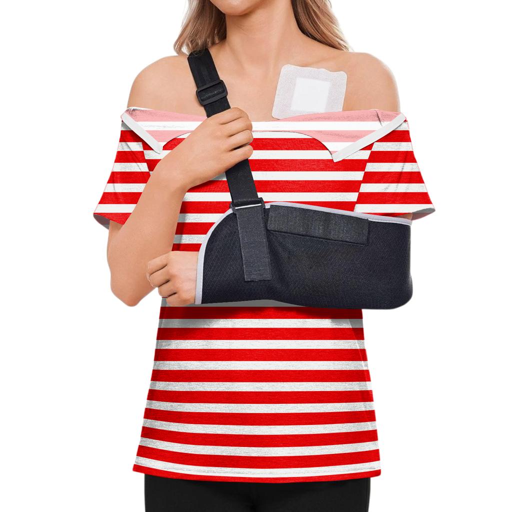 Women's Post-operative Short-sleeved Color Shirt With Shoulder Zipper And Side  Closure.