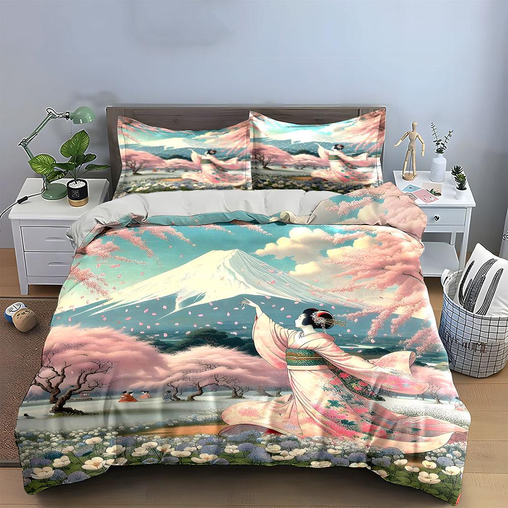 Cherry Blossom Geisha with Mount Fuji Scene Print Bedding Set Duvet Cover Pillowcases (1* Duvet Cover 2* Pillowcases Do Not Include Comforter)
