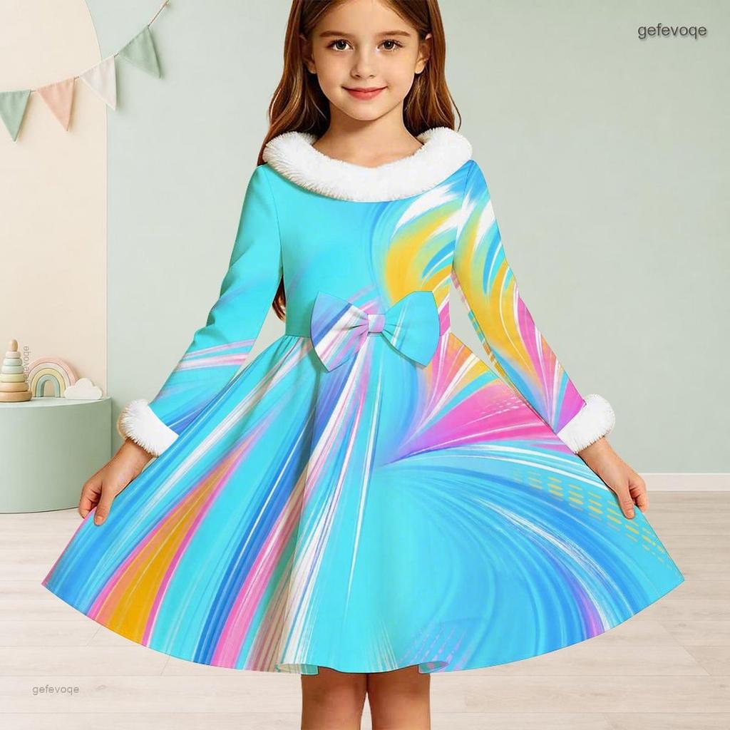 Girls Faux Fur Trim Collar Long Sleeve Printed A Line Flared Dress With Waist Bow
