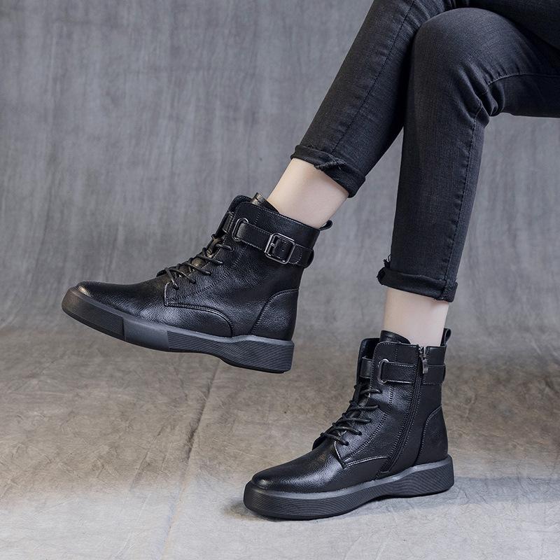 2025 autumn and winter large size leather Martin boots women's velvet warm-soled small short boots retro inner height-increasing flat boots