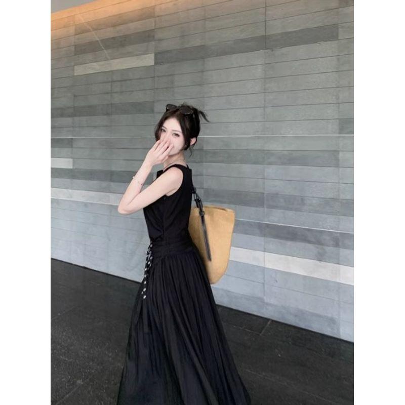Kumikumi High-Grade Temperament Black Vest Dress Women Summer Unique Chic High Waist Slimming Large Swing Skirt