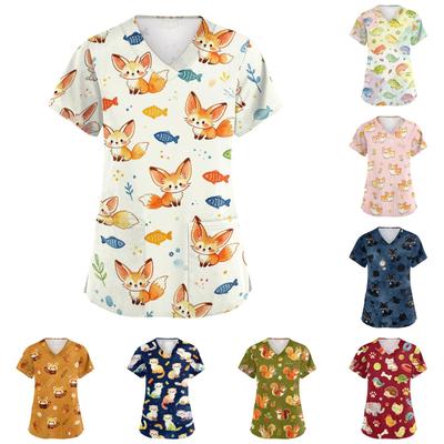 Women's V Neck Short Sleeve Work Shirt with Pockets Animal Print Medical Uniform Top for Healthcare Professionals Nurse Scrub Tops