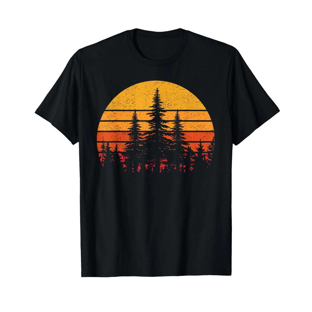 Retro Sun Minimalist Pine Trees Wildlife Nature Forest Unisex T Shirt Vintage Washed Top For Everyday Wear Comfortable Unisex