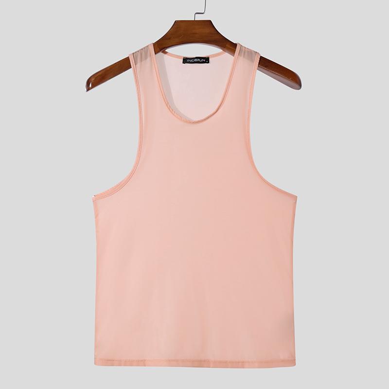 INCERUN Men Summer Sleeveless See Through Breathable Homewear Mesh Sheer Tank Tops