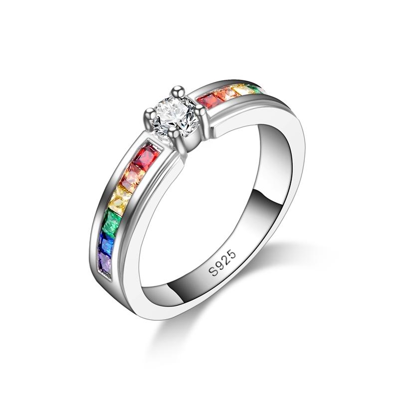 

Vintage 925 Silver Rainbow Crystal Rings For Women Girls Wedding Engagement Fashion Jewelry 5