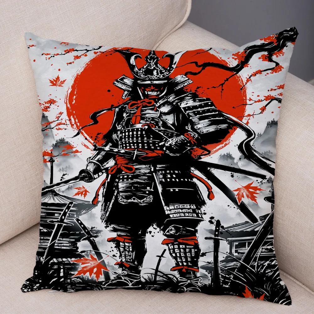 Japan Style Ink Cushion Cover for Sofa Home Double Print Decor Beautiful Scenery Warrior Girl Pillowcase Soft Plush Pillow Case
