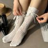 1 Pair Women's Elegant Lace Trim Calf Socks with Bow Detail - Striped Design, Spring Summer Fashion, Lace Socks, Shoe Accessory
