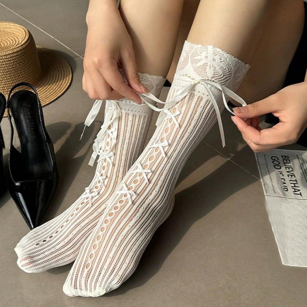 1 Pair Women's Elegant Lace Trim Calf Socks with Bow Detail - Striped Design, Spring Summer Fashion, Lace Socks, Shoe Accessory