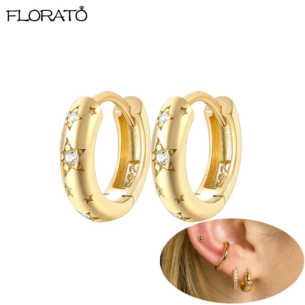 Classic Zircon Earrings 925 Silver Needle Allergic Protection Star Golden Hoop Earrings for Women Birthday Fine Jewelry Gift