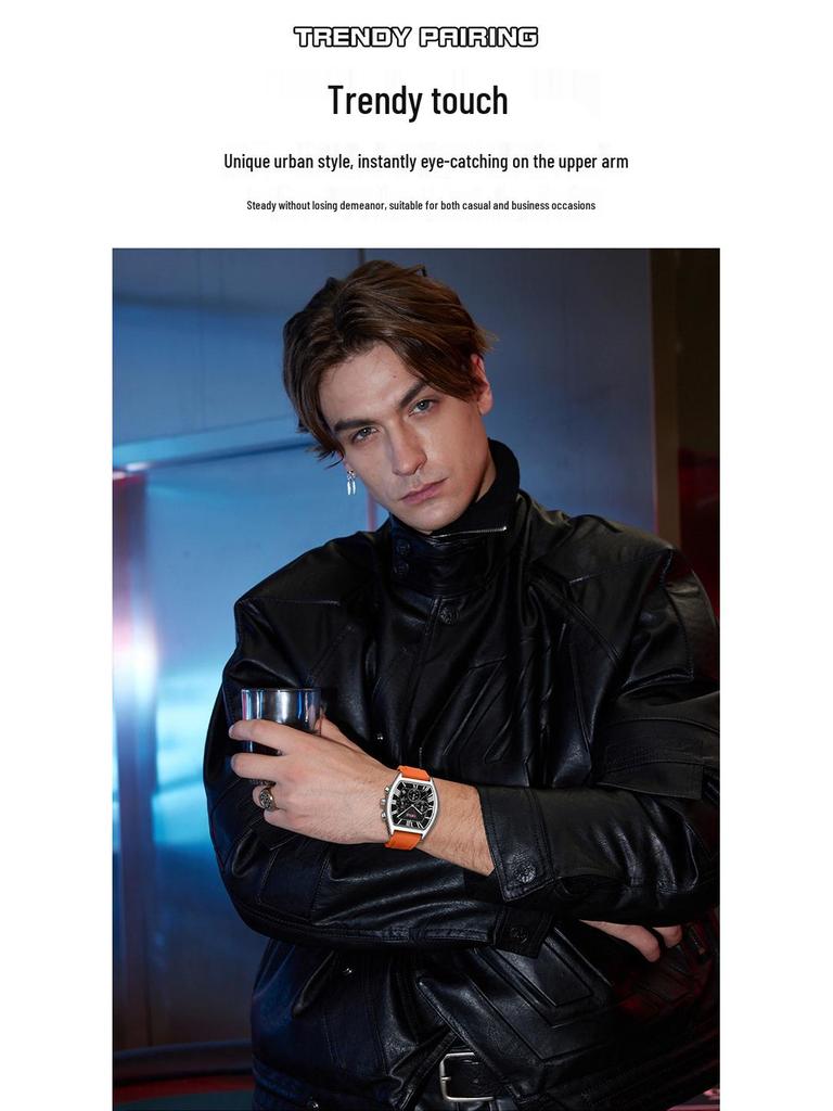 OFNS Men's Barrel-Shaped Waterproof Quartz Watch - Multifunctional Calendar with Three-Eye, Six-Hand Design, Casual Style.