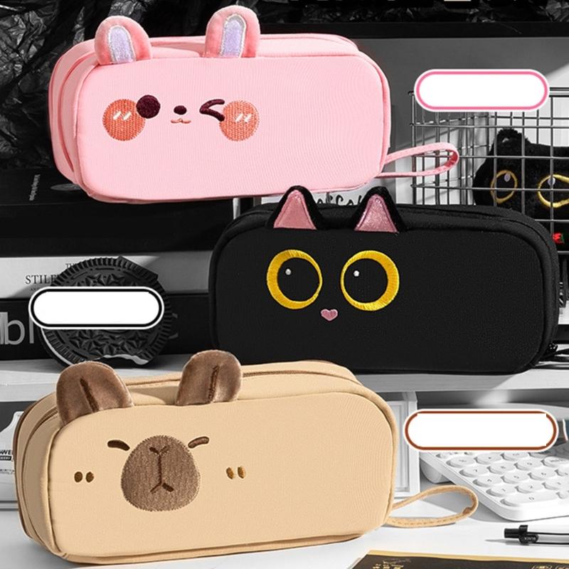 Animal Themed Pencil Pouches Large Capacity Canvas Pencil Case with Portable Lanyard For Kid Adult School Office Travel