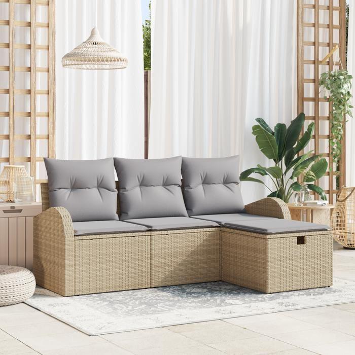 VidaXL Ensemble de Canapé de Jardin 4 Pièces avec Coussins Beige Rattan Poly 3359049