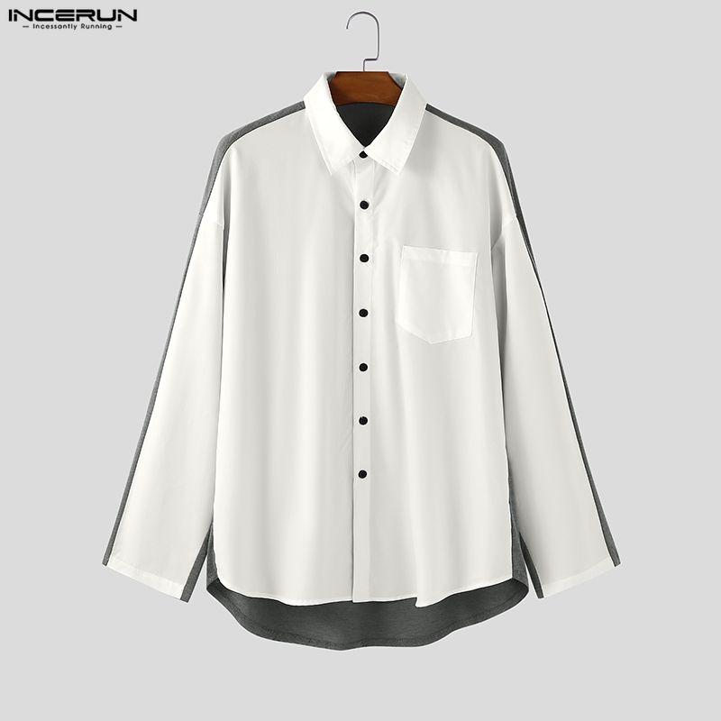 INCERUN Oversized Men Long Sleeve Back Patchwork Buttons Casual Loose Shirts Tops