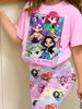 Kpop Three Girls' Group Anime Girl Print Short-Sleeve T-Shirt and Flared Pants 2-Piece Set