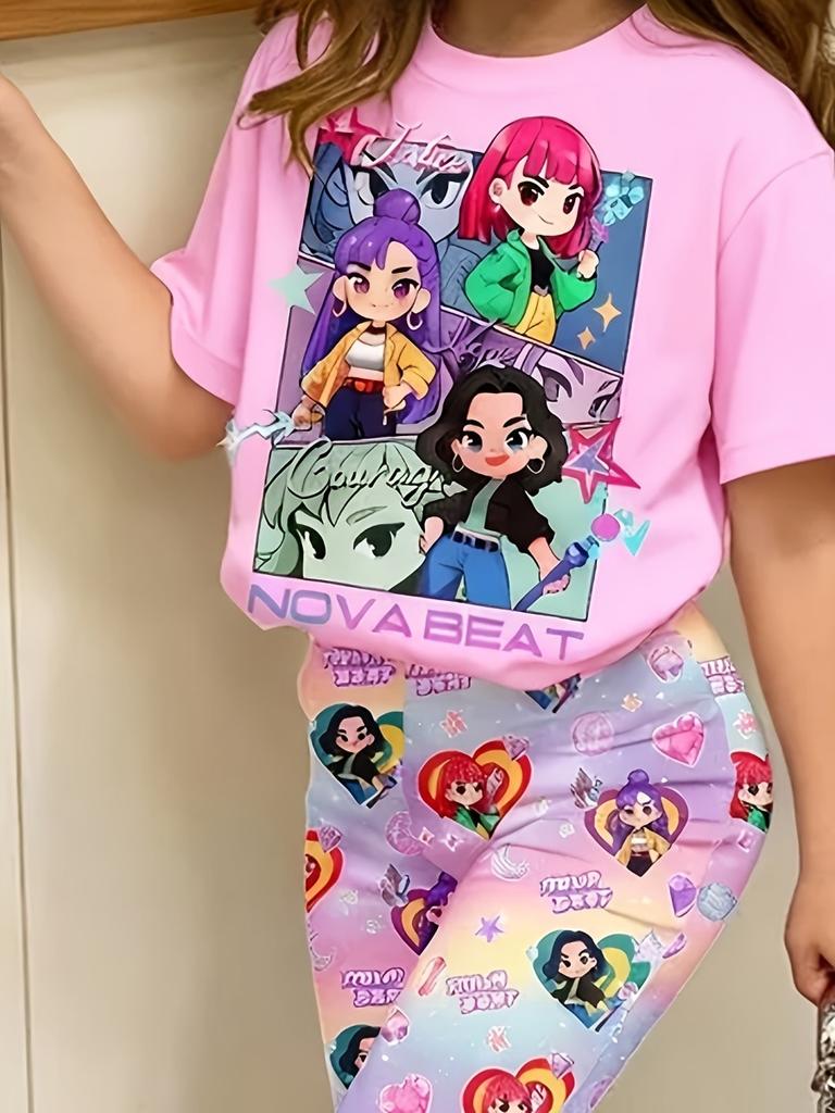 Kpop Three Girls' Group Anime Girl Print Short-Sleeve T-Shirt and Flared Pants 2-Piece Set