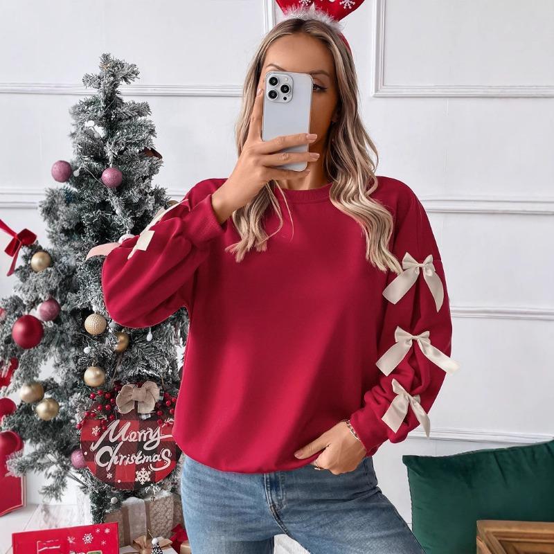 Women S Red Bow Crew Neck Long Sleeve Casual Sweatshirt
