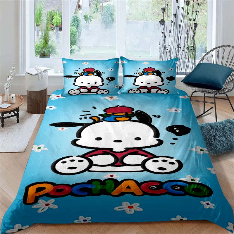The new cartoon Pochacco dog themed three piece bedding set for 2026, including duvet covers and pillowcases, is the perfect cho