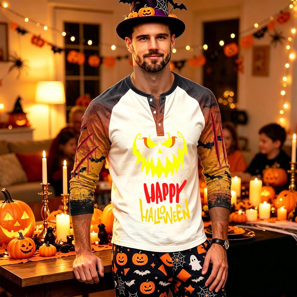 Men's Long Sleeve Shirt with Halloween Print for Holiday Parties and Casual Wear