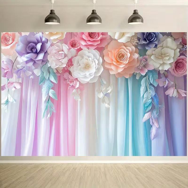 2D Floral Photo Backdrop, Pink Blue Purple Fabric Background for Baby Shower, Bridal Shower, Studio Photoshoot
