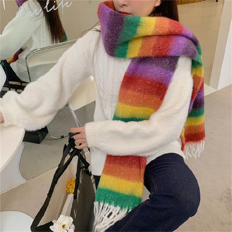 Adult Women Warm Scarf Thicken Rainbow Long Scarf Soft CashmereFeel Shawl Scarf