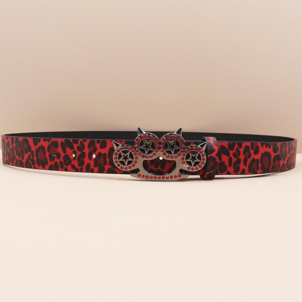 Y2K Leopard Print Rhinestone Tiger Claw Punk Women's Leather Belt