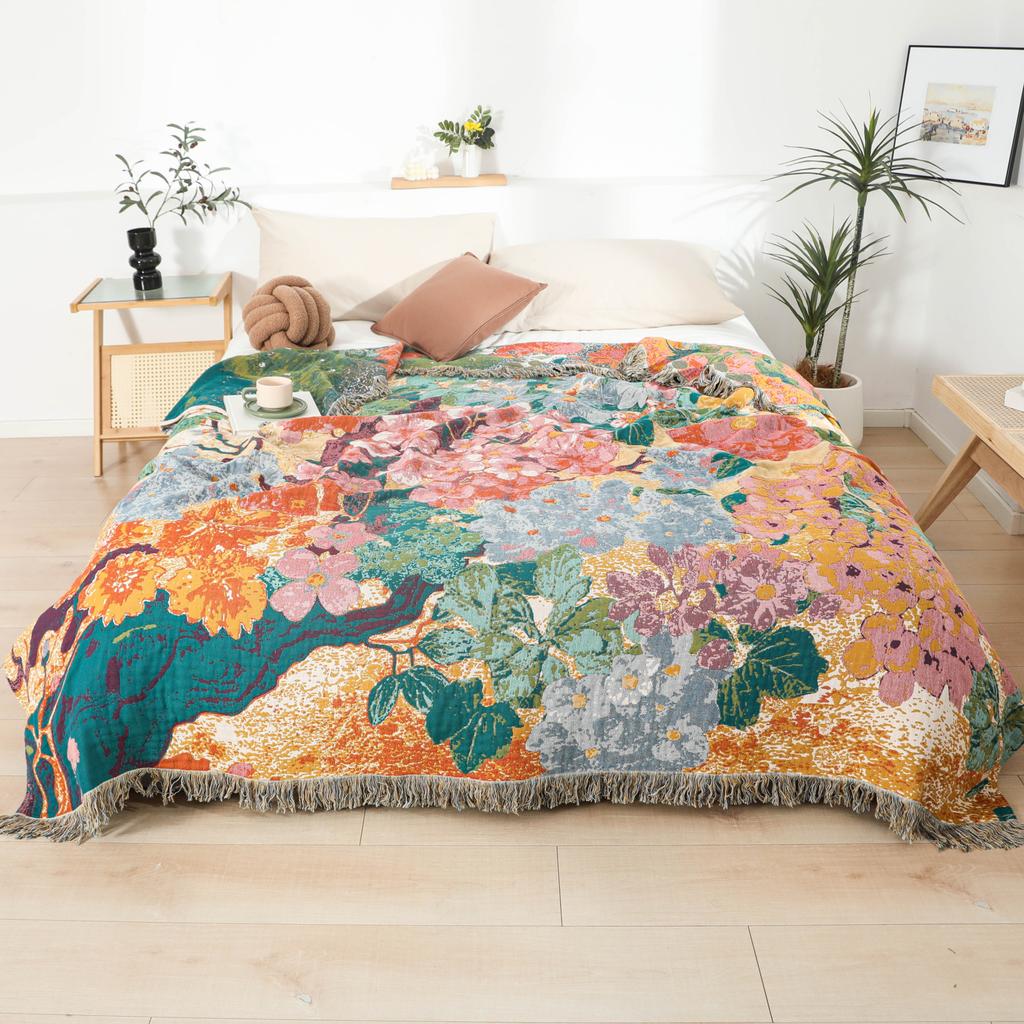 Floral Cotton Towel Blanket, Bedspread, For Bed Sofa, Picnic, Travel, Four-Layer Cotton Gauze, 200*230 Cm, High Quality