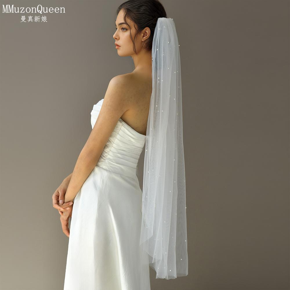 All Over Scattered Pearl Sheer Tulle Bridal Veil, Single Layer Plain Ivory Wedding Veil For Lace Satin Gown Pre-Wedding Elopement Portrait Shoot