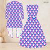 Women Plus Size Two Piece Outfit Round Neck Sleeveless Tie Waist Flared Dress Three Quarter Sleeve Open Cardigan Geometric Printed Pink Black White