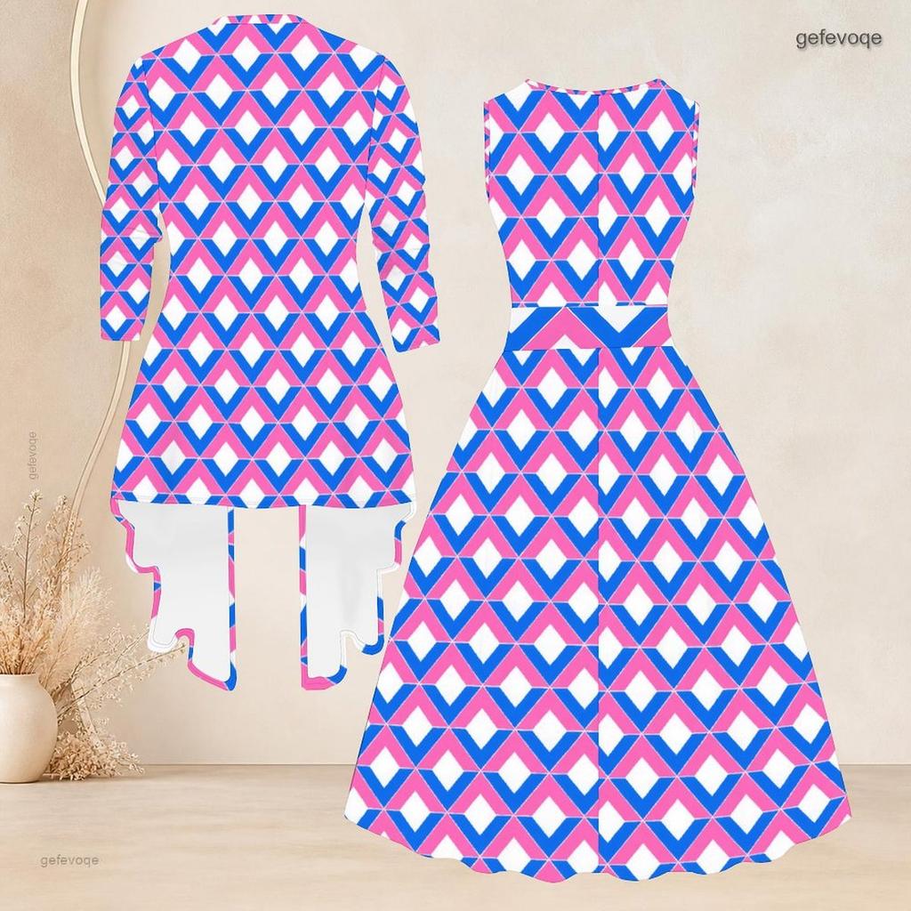 Women Plus Size Two Piece Outfit Round Neck Sleeveless Tie Waist Flared Dress Three Quarter Sleeve Open Cardigan Geometric Printed Pink Black White