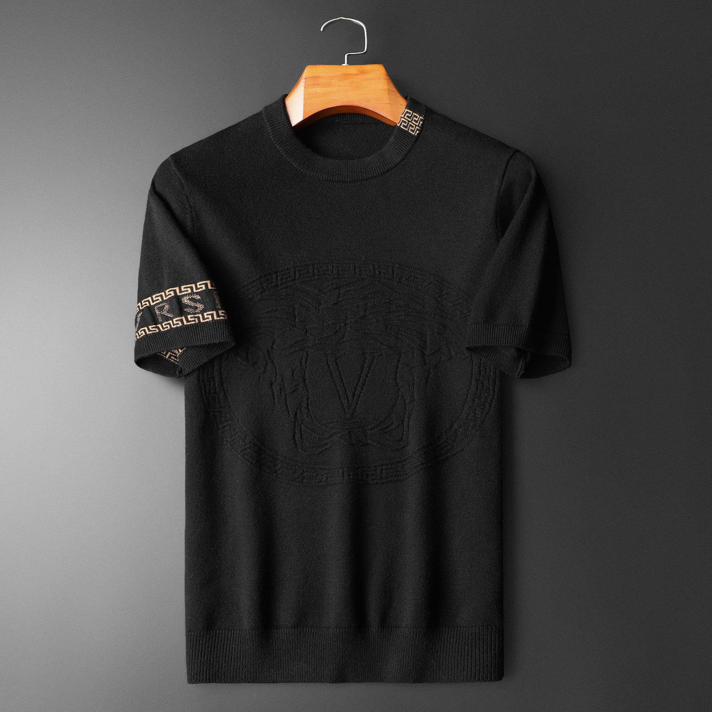 Men s Slim Fit Jacquard Wool Sweater - Round Neck, Short Sleeve, Autumn/Winter Trend XXXL