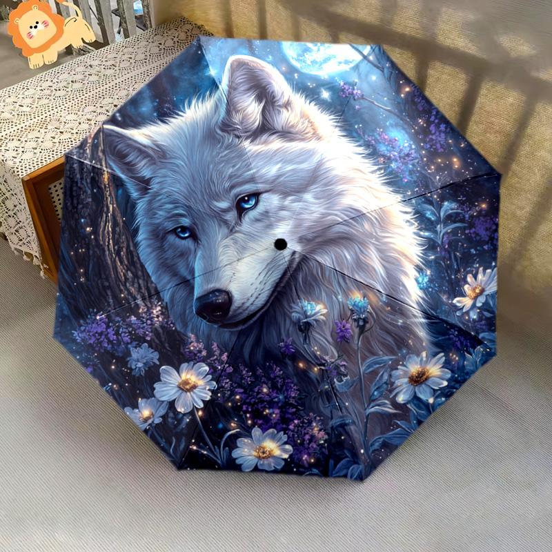 1 PC Automatic Folding Umbrella - Wolf In Moonlit Pattern, Portable & Foldable Design with 8 Ribs, Christmas Birthday Gifts