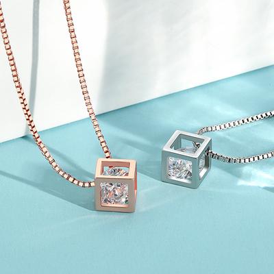 Niche Design Checkered Pendant Necklace, Rose Gold Inlaid with Loose Diamonds Hollow Square Love Rubik's Cube Necklace