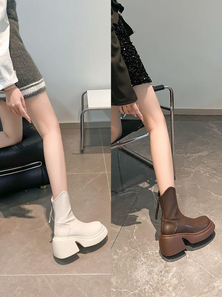 French Skinny Boots Women's Thick Heel Thick Sole Small Man Tall Rear Zipper Martin Boots V-mouth White Medium Short Boots