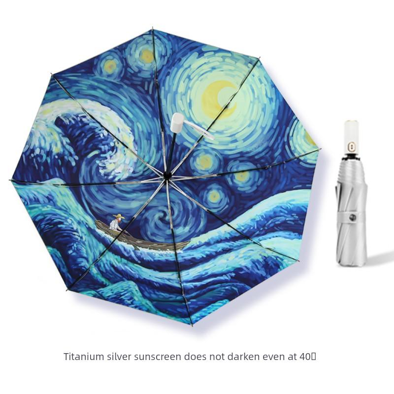 Van Gogh Starry Sky Titanium Silver Sunshade Umbrella, Dual-Purpose for Sun and Rain, Sun Protection, Uv Protection, Automatic High-Value Sun Umbrella