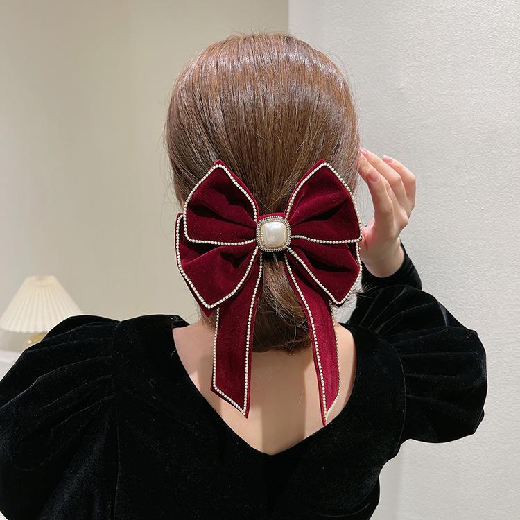 Compre Red Bow Hairpin Chinese Style Velvet Pearl Back Head Large ...