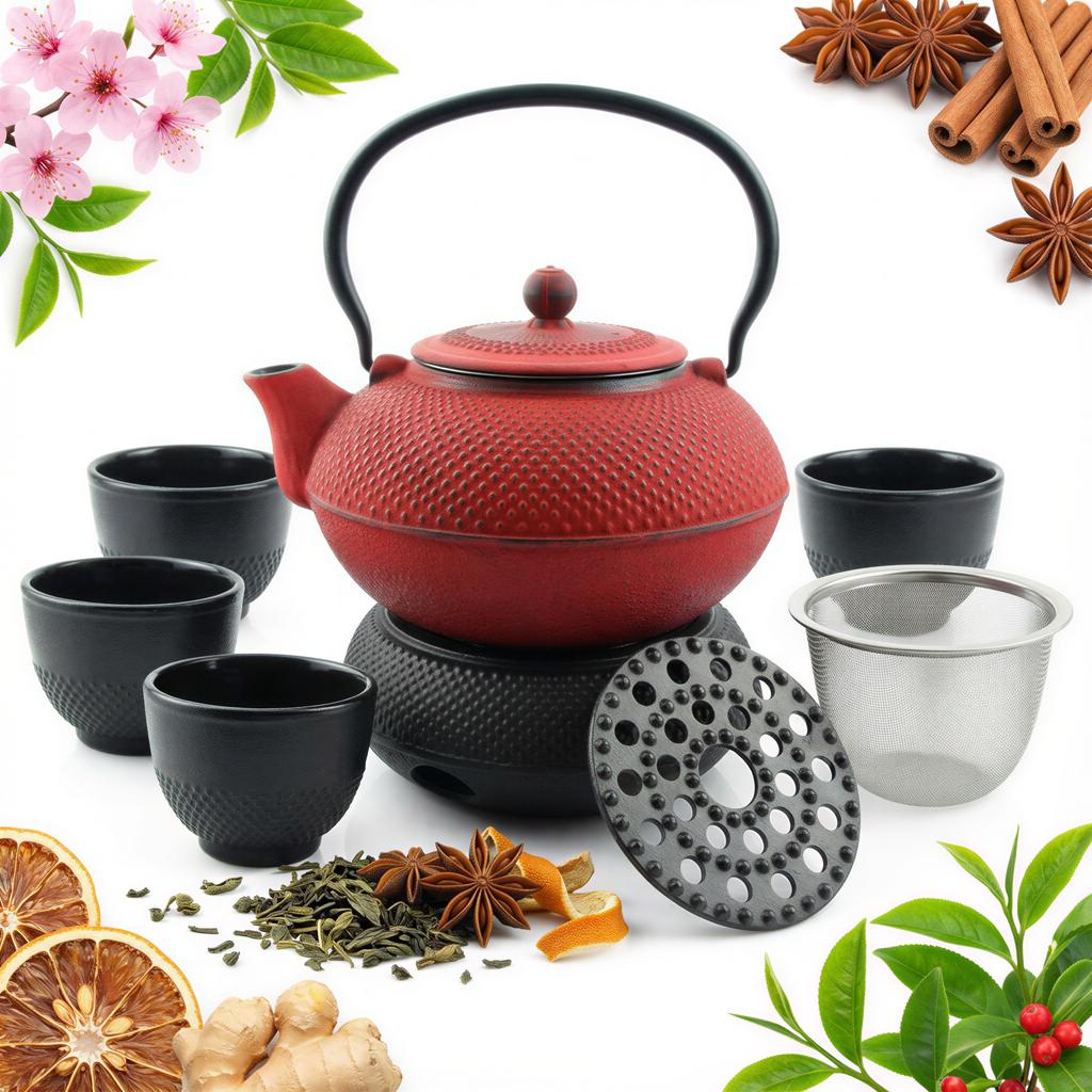 CAST IRON KETTLE 1.5L TEA POT WITH TEA INFUSER + 4x CUPS WARMER