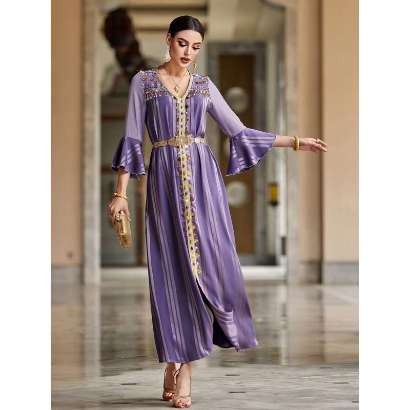 New Arrival Middle East Elegant Graceful Ruffle Sleeve Hand-Stitched Diamond Dress Dress Sewing Diamond Dress