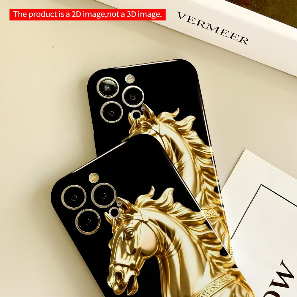 2DFlat Golden Horse Statue Phone Case All Inclusive Film Hard Phone Case, Compatible with iPhone 18 Pro Max 17 16 15 14 13 12 11