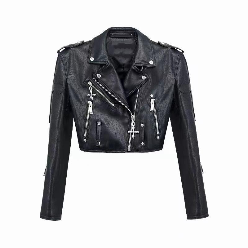 Cool and Hot Girl Motorcycle Leather Jacket Women's Fashionable Autumn New Style Slim Short Street Pu Leather Jacket