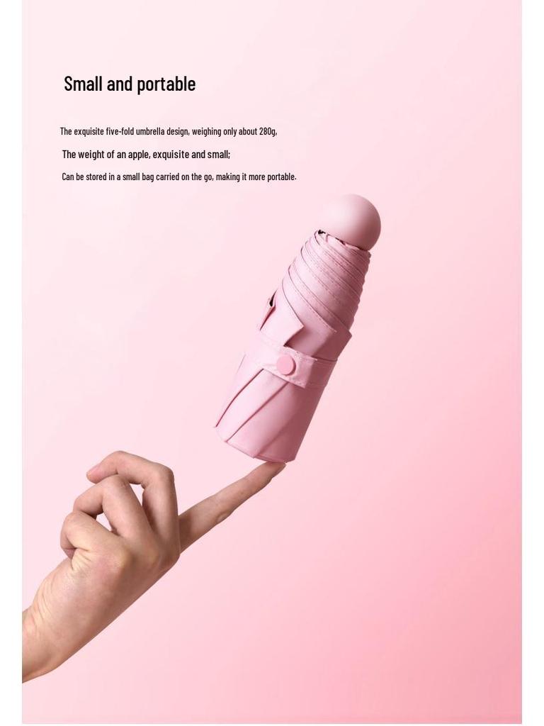 Compact Five-Fold Umbrella: Portable Pocket Sun Capsule with Black Glue Sunscreen, Ultra-Light for Sun and Rain.