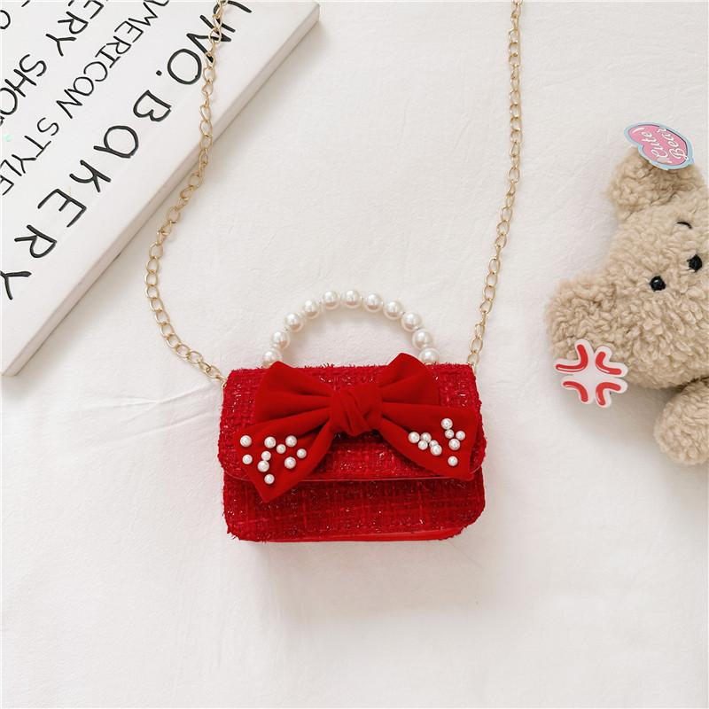 Stylish Red Pearl Bow Kids Bag Chic Fashionable Chain Wallet For Girls Perfect For Everyday Use