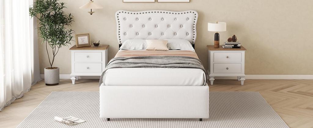 Polsterbett Kinderbett 90x200cm, mit Nachttischpolsterung und Lattenrost, mit dekorativen Nieten, doppelte Schubladen, Leinen Ohne Matratz
