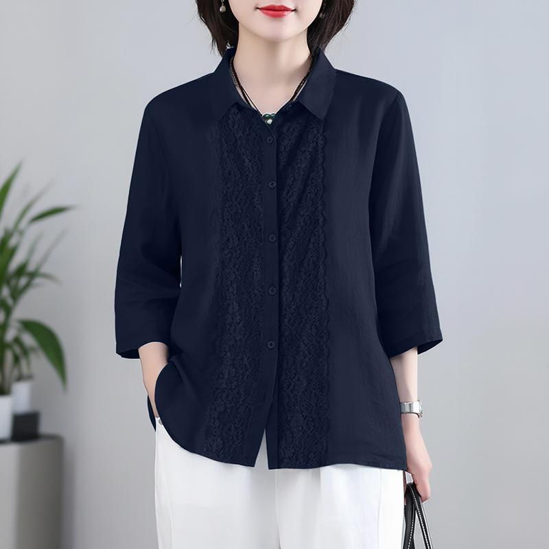 ZANZEA Women Casual Turn Down Collar 3/4 Sleeve Retro Lace Splice Button Blouse S темно-синий